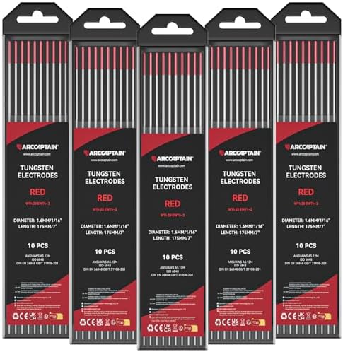 ARCCAPTAIN TIG Welding Tungsten Electrode 10-Pack 1/16"x 7"(Red, WT20/EWth-2) X 5Pcs