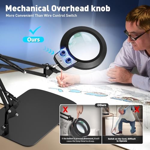 KIRKAS 12X Magnifying Glass with Light and Stand, Overhead Knob 2 in 1