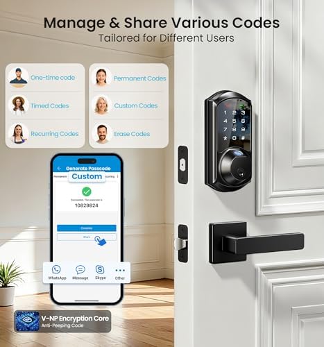 Veise VE07-L Fingerprint Smart Lock with 2 Lever Handles Set, Matte Black | 8-in-1 Keyless Entry for Front Door, App & Fob Control, Remote Access Sharing, Electronic Touchscreen Deadbolt, Auto Lock