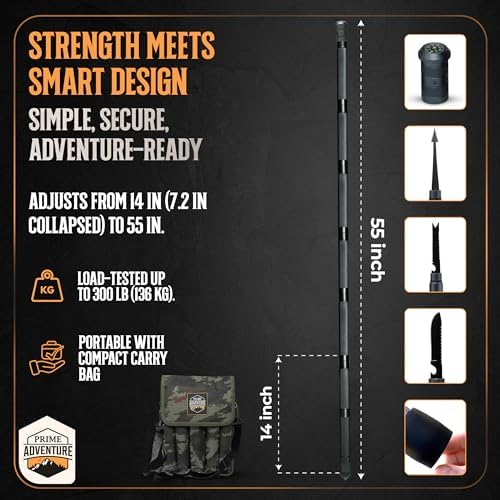 Prime Adventure 15-in-1 Tactical Survival Walking Stick & Hiking Staff – Heavy-Duty Collapsible Multitool for Camping, Hiking & Outdoor Survival Gear (8 Tubes, Premium Build)