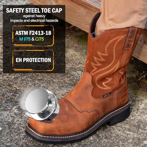 Showave Steel Toe Cowboy Boots for Men Western Square Toe Work Boot Full-grain Leather Safety Boots with Hazard Protection for Construction Manufacture Farming