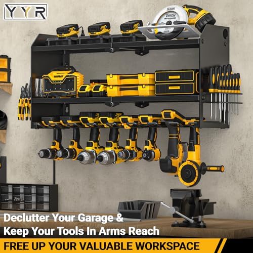 YYR Power Tool Organizer with Charging Station Wall Mount, Cordless Drill and Battery Holder for Garage Organization, Electric Tools Storage Rack Build in Surge Protection Power Strip - Black Shelf