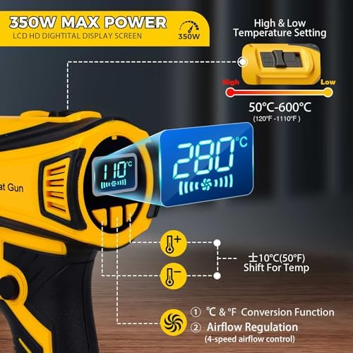 Cordless Heat Gun Compatible with Dewalt 20V Battery 350W Fast Heating 2-Temp Setting120℉-1110℉ Portable Hot Air Gun with LCD Display 4Nozzle for DIY shrink wrapping (Tool Only, Not Made by Dewalt)