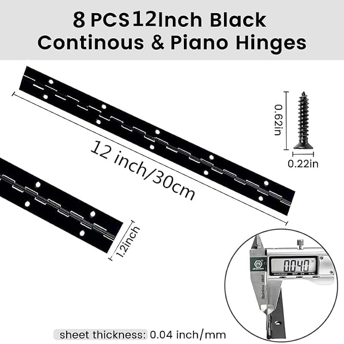 12 Inch Black Continuous Piano Hinges 2 Pack, Heavy Duty Stainless Steel Furniture Hinges 0.05" Thickness 1.2" Open Width with 24 Mounting Screws for Folding Cabinet Doors