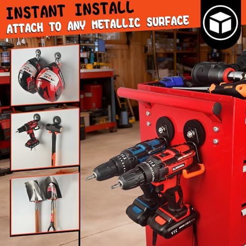 ULIBERMAGNET New Upgraded Heavy Duty Magnetic Garage Hooks,4 Pack Strong Large Magnet Hooks for Power Drill,Garden Tools,Hose,Pegboard,Garage, Workshop,Magnetic Storage Hook for Hanging(Orange)