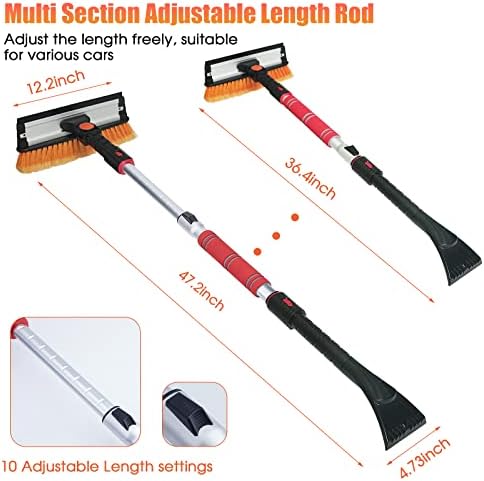 FOVAL 47.2" Extendable Ice Scraper Snow Brush with Squeegee for Windshield Window Car Trucks SUVs, 270° Pivoting Brush Head, Essential Winter Tool Ice Snow Remover with Comfortable Foam Grip