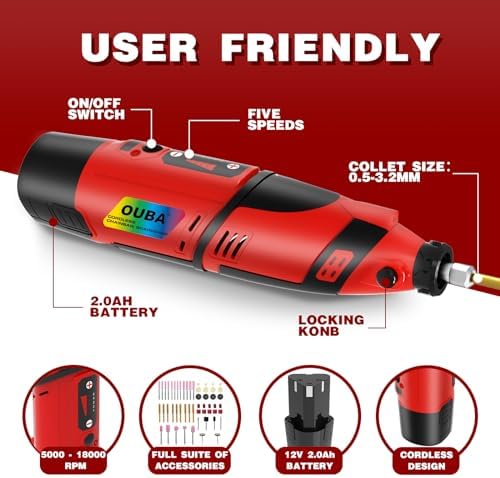 OUBA Cordless Chainsaw Sharpener with 12v Battery, Comes with Electric Chainsaw Sharpener Tool with 54 PCS Sharpener Accessories, Chainsaw Chain Sharpener with Titanium Plated Diamond Bits