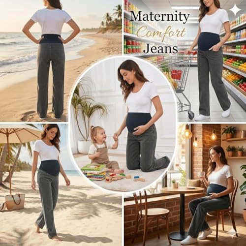 fitglam Women's Maternity Jeans Straight Leg Relaxed Fit Over Belly Pregnancy Denim Work Pants Maternity Clothes with Pockets