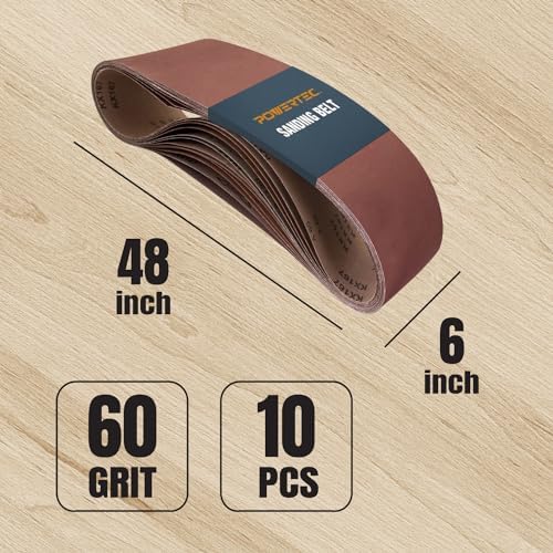 POWERTEC 6 x 48 Inch Sanding Belts, 10PK, 60 Grit Aluminum Oxide Belt Sander Sanding Belt for Bench Belt Sander, Wood & Paint Sanding, Metal Polishing (110170V)