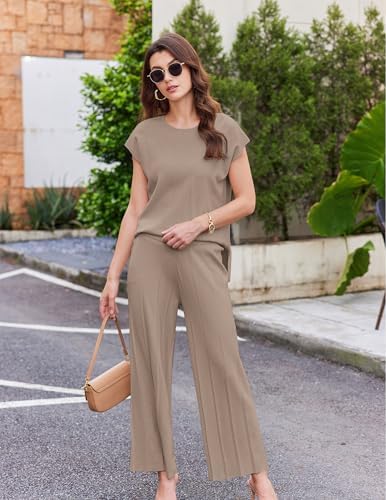 Ekouaer Lounge Sets for Women Two Piece Outfits Knit Cap Sleeve Tops Wide Leg Pleated Pants Casual Dressy Sweater Sets