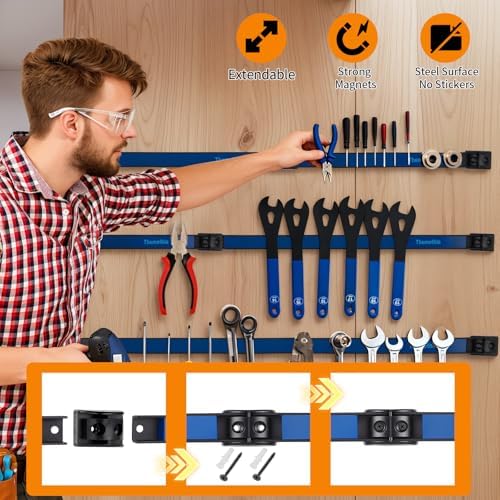 18" Magnetic Tool Holder Strip, 6 Pieces Blue Metal Tool Organizer Rack with Stainless Steel Surface, Magnet Bar for Garage Workshop, Easy To Install with Mounting Screws