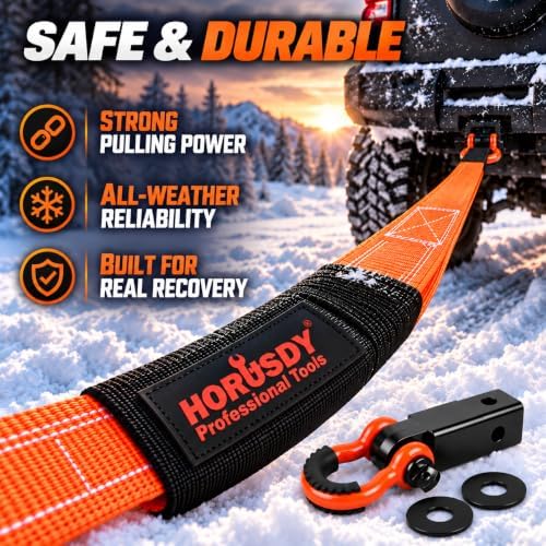 HORUSDY Nylon Heavy Duty Tow Strap Recovery Strap with Hooks 3" x 30Ft - 35,000 LBS Break Strength, 2" Shackle Hitch Receiver + 3/4 D Ring Shackles (2pcs), Recover Your Vehicle Stuck in Mud/Snow