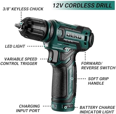 Tool Set: Tool Kit with 12V Cordless Drill, Hand Toolbox with storage case, Mechanic Tool set for Home Repairs, Green