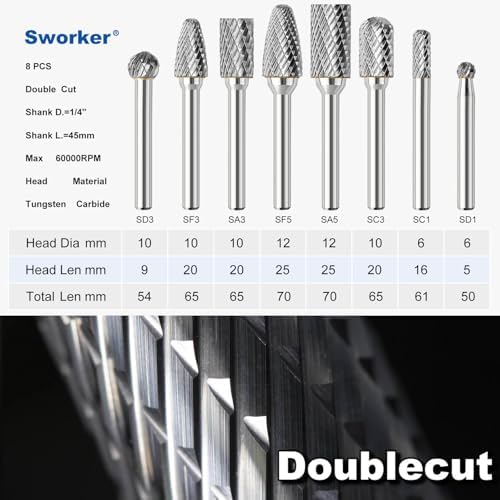 Sworker 8Pcs Carbide Burr Set 1/4 Shank w/Clear Box Max Head Dia 12mm Die Grinder Bits Rotary Tools Attachment Kit Rasp Accessories Metal Wood Stone Steel Grinding Deburring Cutting Porting Carving