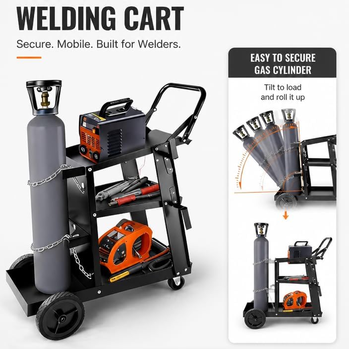 Welding Cart, 3-Tier Heavy Duty Welder Cart with 400LBS Load Capacity, 360° Swivel Wheels with Dual Cylinder Slots & Safety Chains, Rolling Cart for Welders & Plasma Cutters