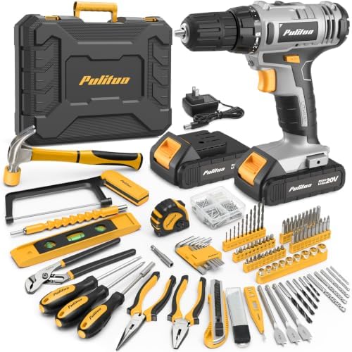 PULITUO Power Drill Tool Kit with 20V Cordless Drill/Driver, Electric Screwdriver, 2 Batteries & Charger, LED Light, 199-Piece Pink Home DIY Tool Set with Toolbox, Drill Set for Women & Men (Yellow)