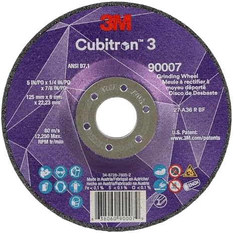 3M Cubitron 3 Depressed Center Grinding Wheel, 90007, 36+, T27, 5 in x 1/4 in x 7/8 in, Pack of 10, ANSI, Precision Shaped Grain, Beveling, Weld Grinding, Heavy Deburring, Slag Removal