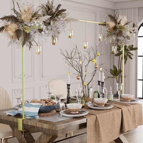 XLHOMO Over The Table Rod Stand with Clamps, Adjustable 32''-79'' Tall 32"-131" Length, Gold Table Arch Stand Metal Balloon Frame Hanging Rod for Weddings Christmas Birthdays Garden Arbors Decoration