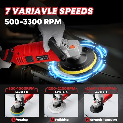 SILVEL Buffer Polisher, 1600W 7 Inch/6 Inch Polisher for Car Detailing, Wax Machine, 7 Variable Speed, with 6 Foam Pads, 3 Wool Pads, Packaging Bag, for Boat Polishing and Waxing