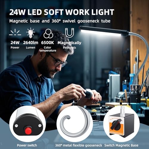 24W LED Magnetic Work Light, 2400 Lumen Flexible Gooseneck Work Light with Adjustable Magnetic Base, Industrial Light for Lathe CNC Milling Drillpress Sewing Machine