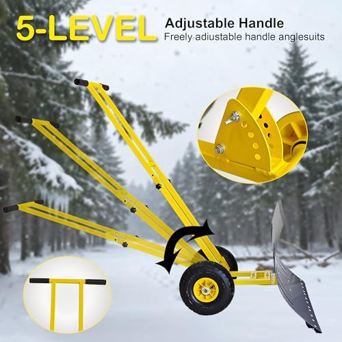 Snow Shovel, 29” Wide Heavy-Duty Metal Snow Pusher, 10” Pneumatic Rubber Wheels, 7-Position Angled Blade, Adjustable Height Anti-Slip Handle, Snow plow for Doorway, Driveway, Sidewalk