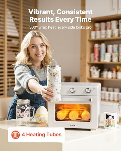 VEVOR Sublimation Oven Machine, 26 Qt, Fits 40oz Tumblers, with 1 Heat Air Gun, 50 Shrink Films, 1 Tape and 2 Heat Gloves, 360° Turbo Convection for Sublimation Blank Tumblers, Mugs, Bowls, Off-White