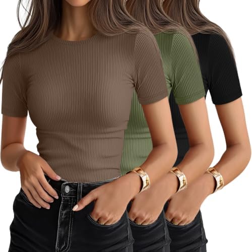 Ficerd 3 Pack Women's Ribbed Short Sleeve T-Shirts