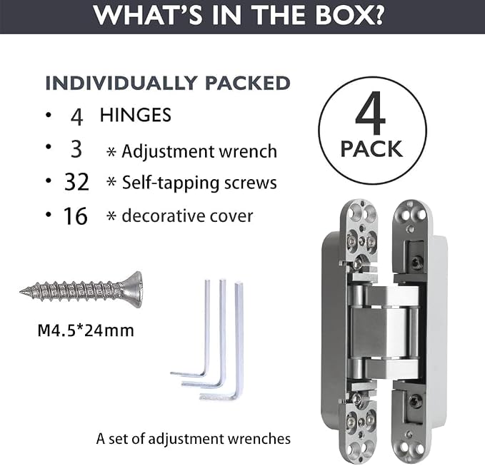 4-Pack 6 inch Hidden Door Hinges Heavy Duty Silver, Invisible Concealed Hinges Zinc Alloy 6''x 2.5''x1Inch, 180 Degree Swing Hinge, 3 Way Adjustable Hinge with Pins and Screws