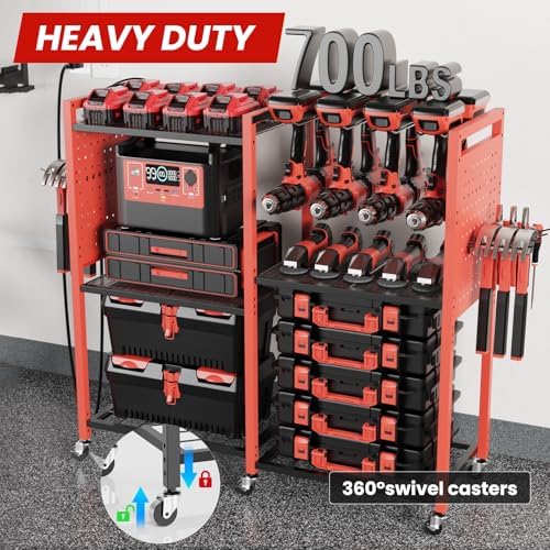 Heavy-Duty Power Tools Organizer Cart with Charging Power Strip, 6-Tier Rolling Utility Cart with 8 Hooks and 6 Load-Bearing Wheels, Garage Tool Storage Rack for Workshop for Men