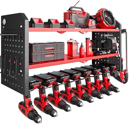 Nacial Power Tool Organizer Wall Mount, 8 Drill Holder Wall Mount with 3 Layer Cordless Drill Holder, Heavy Duty Tool Rack with 12 Hooks, Power Tool Storage for Garage Organization, Father's Day Gifts