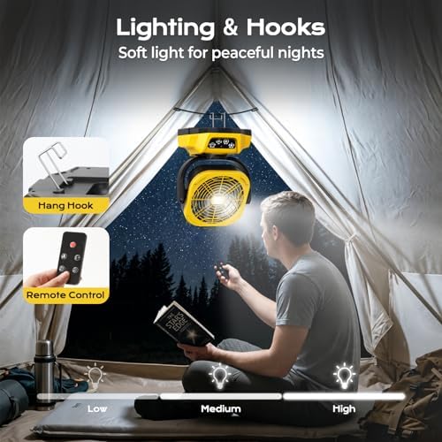 Battery Operated Fan for Dewalt 20V Max battery, Camping Fan with USB A/C & LED Lights, 4 Speeds & Remote Control, Portable/Cordless/Battery Powered fan, for Outside, Jobsite (Battery Not Included)