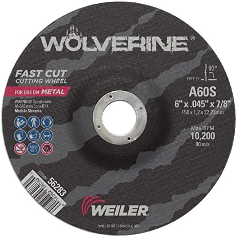 Weiler 56283 6 Inch Cutting Wheel, Wolverine AO Steel/Metal Fast Cutting, .045" A60S Type 27 7/8" Arbor (Pack of 25)