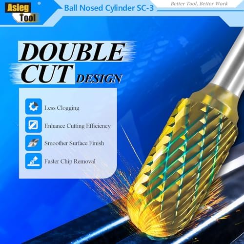 SC-3 5pcs Tungsten Carbide Burr TiN Rotary File Cylindrical Ball Nose End Shape Double Cut for Die Grinder Drill Bits 1/4'' Inch Shank and 3/8'' Inch Diameter of Cutter 3/4'' Inch Cutter Length