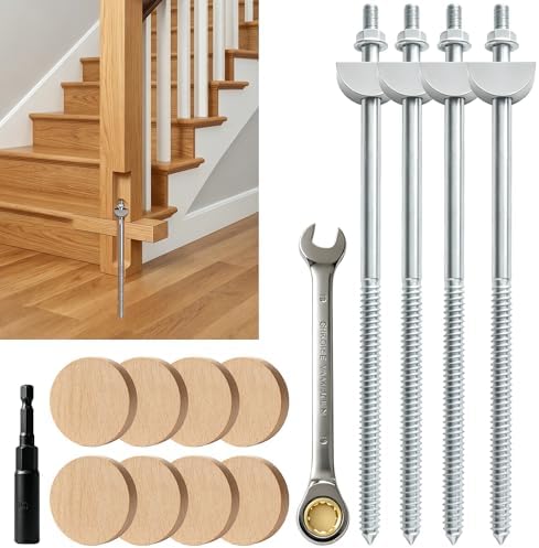 4PCS Newel Post Mounting Kit, Heavy Duty Hidden Newel Post Fastener with Rail Bolt Wrench, Installation Kit Staircase Newel Posts for Wooden Stair Railing, Deck Baluster