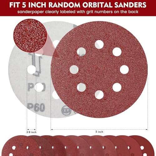 1000 Pcs 5 Inch 8 Hole Sanding Discs Round Hook and Loop Sandpaper 60/80/100/120/150/180/240/320/400/600 Grits Sandpaper for Random Orbital Sander Wood Sanding Automotive Wood Metal Polishing