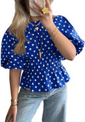 Cicy Bell Women Polka Dot Peplum Blouse Round Neck Puff Sleeve Summer Top