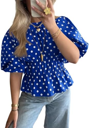 Cicy Bell Women Polka Dot Peplum Blouse Round Neck Puff Sleeve Summer Top