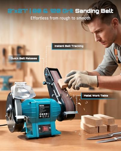 SEESII bench Grinder and Belt Sander Combo: 2"x27" Belt + 6" Disc, 2.5A Motor, 2-In-1 Benchtop Sander for Woodworking, Metal Grinding, with Quick-Release System and Sturdy Base