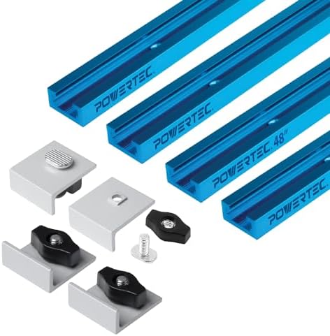 POWERTEC 72161 48 Inch Double-Cut Profile Universal T-Track with Bi-Directional Short Stop Kit, 4pcs 48" T Tracks and 4pcs Stop Blocks for Woodworking Jigs and Fixtures, Sanding, and Routing