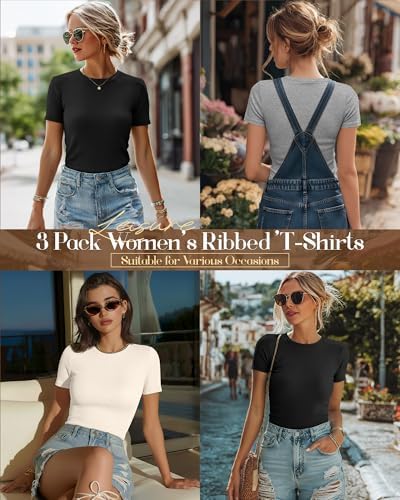 Ficerd 3 Pack Women's Ribbed Short Sleeve T-Shirts