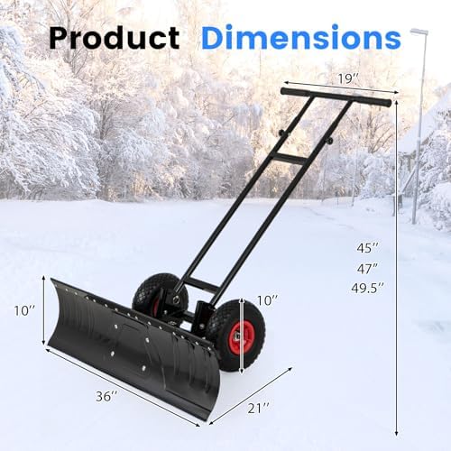 DORTALA Snow Shovel with Wheels, 36” Wide Heavy-Duty Metal Snow Pusher with 7-Position Angled Blade, Adjustable Height Anti-Slip Handle for Double Driveway, Sidewalk, Black