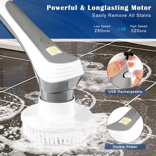 Electric Spin Scrubber, 2023 New Cordless Electric Shower Scrubber with 7 Replaceable Brush Heads & 3 Adjustable Extension Handles, IPX8 Waterproof High Speed Power Cleaning Brush for Bahroom, Kitchen