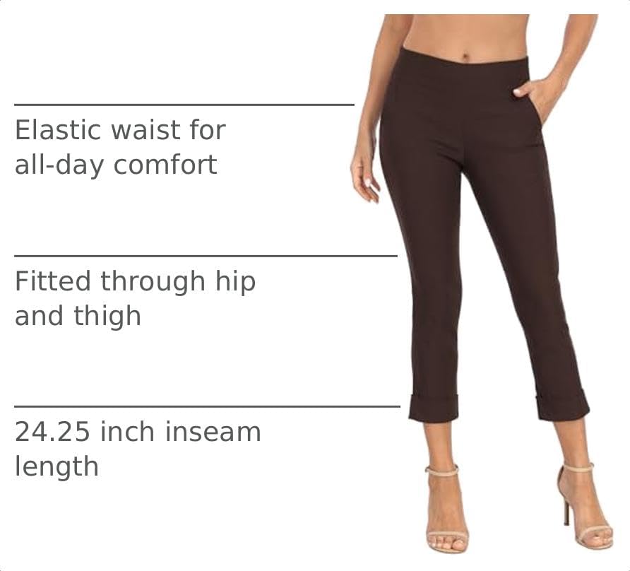 HDE Pull On Capri Pant for Women w/Pockets Elastic Waist Cropped Work Pant