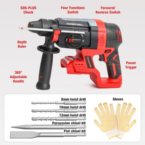 SDS Plus Cordless Rotary Hammer Drill for Milwaukee M18 Battery, Hammer Drill 18v Brushless for Concrete/Masonry/Wood/Metal, Rotomartillo, 4 Functions, 5 Drills with Gloves (Battery Not Included)