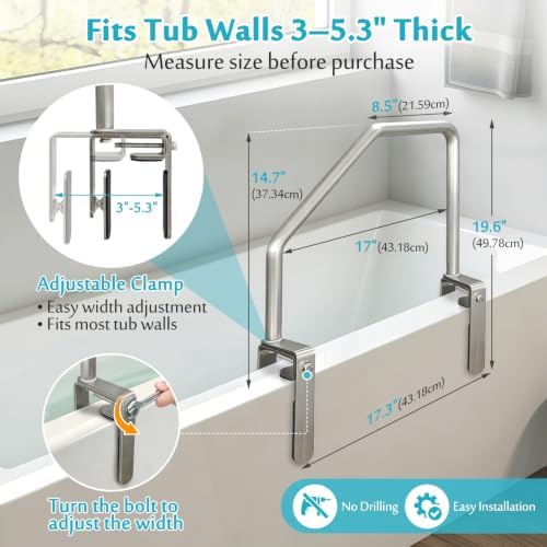 Bathtub Rail Safety Grab Bar, Clamp on Tub Handles for Seniors, Adjustable Bath Tub Rails for Elderly Adults Support Bars Shower No Drill, Handicap Bathtub Helper Railing for Side of Tub