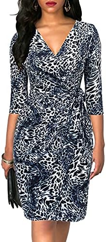 Berydress Women's 3/4 Sleeve V Neck Casual Party Work Faux Black Wrap Dress
