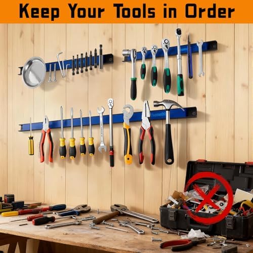 24" Magnetic Tool Holder Strip, 4 Pieces Blue Metal Tool Organizer Rack with Stainless Steel Surface, Magnet Bar for Garage Workshop, Easy To Install with Mounting Screws