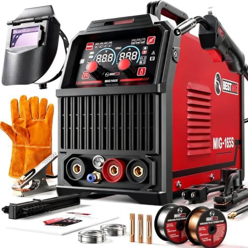 BESTMIG 165S MIG Welder 110V/220V Dual Voltage, 4 in 1 Multi-Process Welding Machine (Gas & Gasless Flux Core/TIG/Stick), Synergic Inverter Welder Machine Portable Wire Welder Kit with Helmet & Gloves