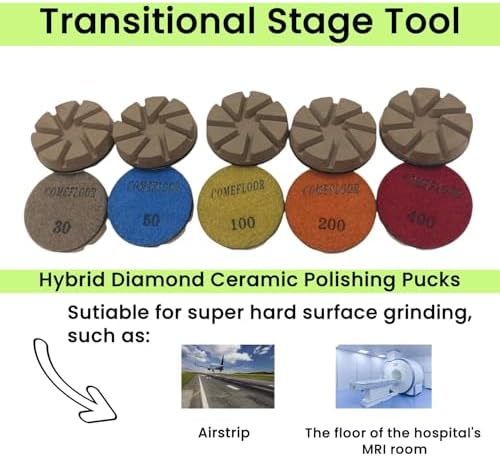 Hybrid Diamond Ceramic Polishing Pucks, Aggressive Concrete Terrazzo Floor Hook n Loop Grinding Pads, 3 Inch Long Using Life Transitional Discs,400# 3PCS