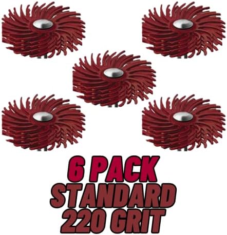 Dedeco Sunburst Radial Bristle Discs 6-Pack - 7/8" Curved 4-Ply Mounted Discs - Red 220 Grit (Standard) - Aluminum Oxide for Polishing & Finishing
